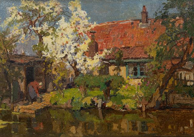 Ben Viegers | Boerenerf aan het water, olieverf op doek, 37,3 x 52,3 cm, gesigneerd r.o.