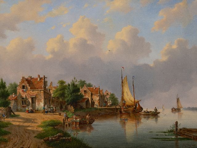 George Henry Hendriks | Dorp aan de rivier met voetveer en zeilschepen, olieverf op doek, 83,0 x 98,4 cm, zonder lijst