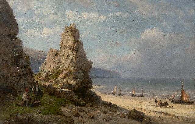 Hermanus Koekkoek | Strandgezicht met vissers en schepen langs een rotskust, olieverf op doek, 37,2 x 57,5 cm, gesigneerd m.o.