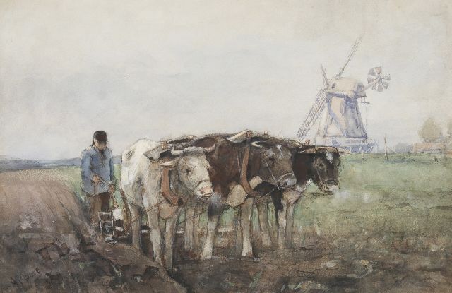 Mauve A.  | Ploegende boer met zijn ossen, aquarel en gouache op papier 26,0 x 40,0 cm, gesigneerd l.o.