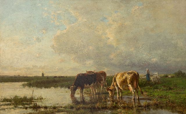 Anton Mauve | Drinkend vee bij de rivier, olieverf op doek, 84,8 x 134,8 cm, gesigneerd r.o. en 1868-1870