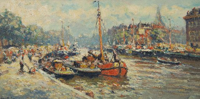 Evert Moll | De Leuvehaven in Rotterdam, olieverf op doek, 40,8 x 80,5 cm, gesigneerd l.o.