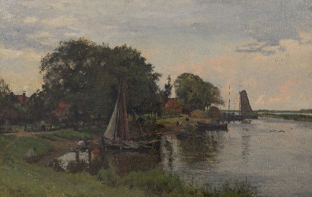 Willem Bastiaan Tholen | Hollands landschap met dorpshaven, olieverf op doek, 40,0 x 62,0 cm, gesigneerd l.o.