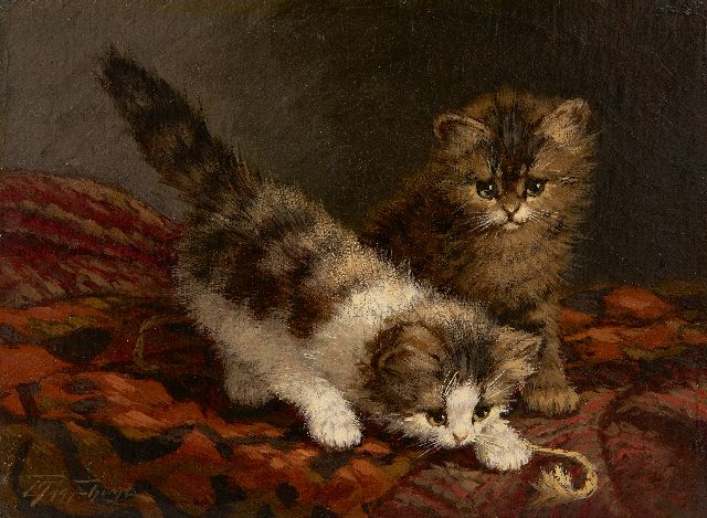 Cornelis Raaphorst | Kittens spelend op een sierkussen, olieverf op doek, 18,3 x 24,0 cm, gesigneerd l.o.