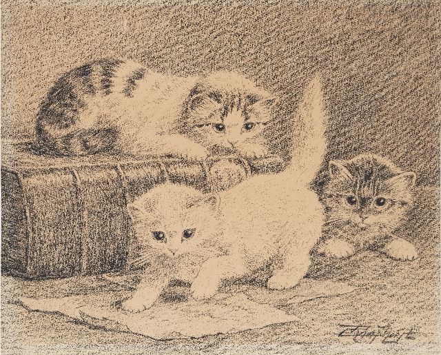 Cornelis Raaphorst | Drie spelende jonge katjes, houtskool op papier, 23,8 x 29,1 cm, gesigneerd r.o.