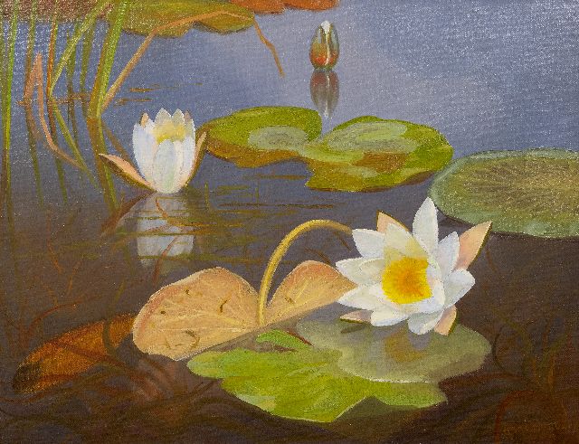 Dirk Smorenberg | Waterlelies, olieverf op doek, 39,2 x 51,2 cm, gesigneerd r.o.