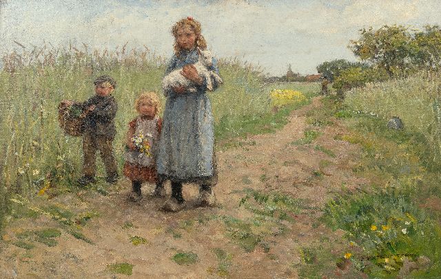 Zoetelief Tromp J.  | Wandelende kinderen met lammetje bij Blaricum, olieverf op doek 63,5 x 99,3 cm, gesigneerd r.o.