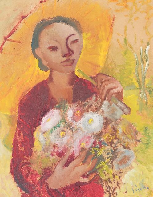 Giselle Kuster | Indische vrouw met bloemen en parasol, olieverf op paneel, 63,5 x 49,6 cm, gesigneerd r.o. en te dateren ca. 1948-1949