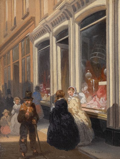 Frans Arnold Breuhaus de Groot | Elegante vrouwen voor een korsetterie winkel, olieverf op paneel, 33,0 x 25,0 cm, gesigneerd r.o.