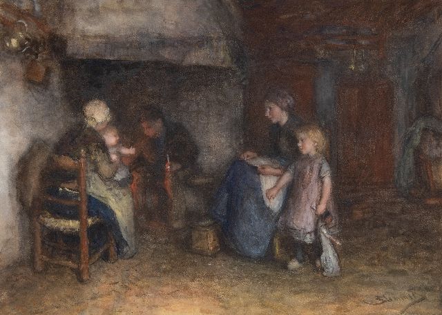 Bernard Blommers | Vissersfamilie bij de haard, aquarel op papier, 51,7 x 71,0 cm, gesigneerd r.o.