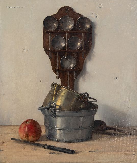 Jan Bogaerts | Keukenstilleven met lepelrek, potten, appel en mes, olieverf op doek, 60,5 x 50,5 cm, gesigneerd l.b. en gedateerd 1941