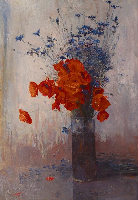 Frans Oerder | Klaprozen en korenbloemen in hoge vaas, olieverf op doek, 90,2 x 63,5 cm, gesigneerd l.o.