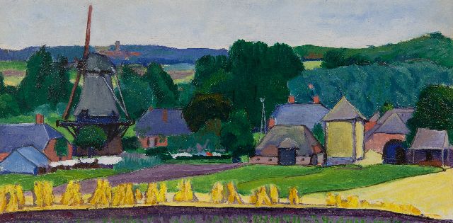 Vilmos Huszár | Boerderijen in een glooiend landschap, olieverf op paneel, 18,0 x 36,5 cm, te dateren ca. 1910-1912