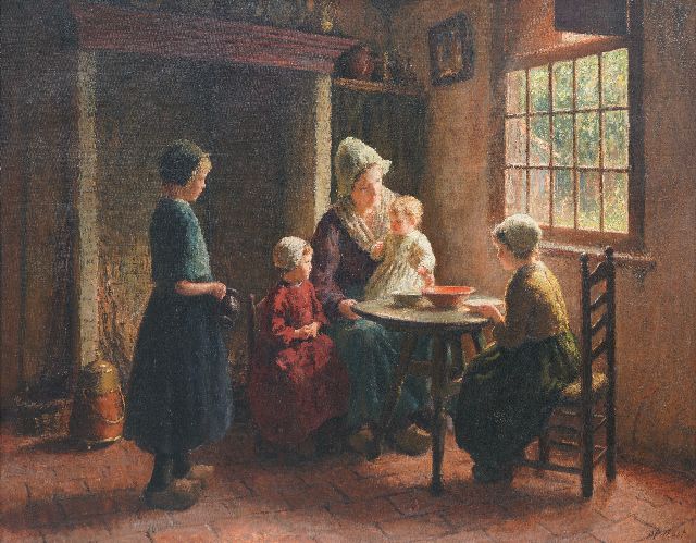Bernard Pothast | Hollands interieur met jonge familie, olieverf op doek, 80,0 x 100,0 cm, gesigneerd r.o.