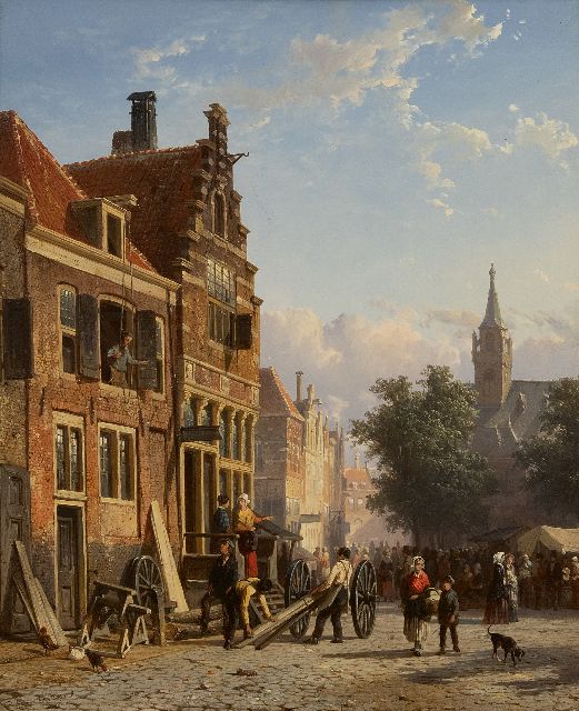 Cornelis Springer | Bouwwerkzaamheden aan een Oudhollands huis, olieverf op paneel, 42,0 x 34,5 cm, gesigneerd l.o. voluit en met monogram en te dateren ca. 1852-1857