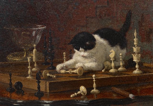 Henriette Ronner | Poes, spelend met schaakstukken in 'Selenus stijl' -  inclusief Selenus schaakset, olieverf op paneel, 32,6 x 45,2 cm, gesigneerd r.o.