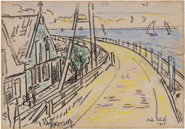 Jan Toorop | Oudeschild, Texel, gekleurd krijt op papier, 13,0 x 18,0 cm, gesigneerd m.o. en gedateerd 'oude-Schild' 1917