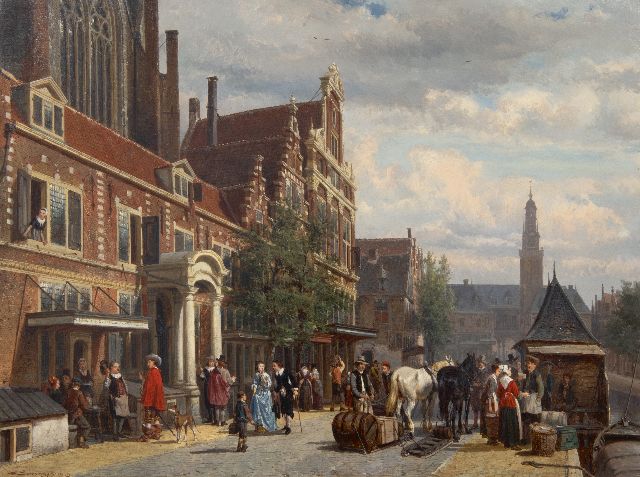 Cornelis Springer | Gezicht op de Nieuwezijds Kapel gezien vanaf het Rokin, Amsterdam, olieverf op paneel, 48,8 x 65,4 cm, gesigneerd l.o. en gedateerd 1879