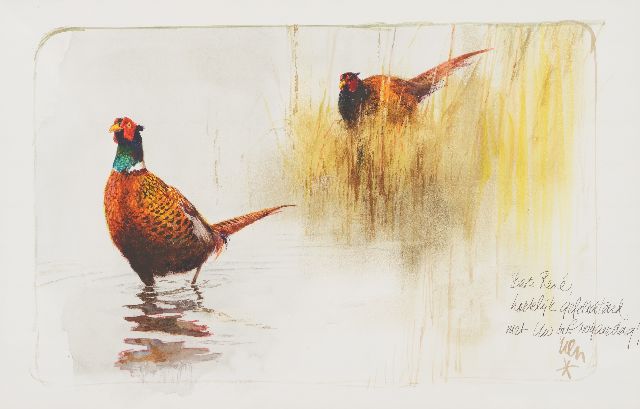Rien Poortvliet | Fazanten bij een rietkraag, krijt en aquarel op papier, 36,4 x 50,9 cm, gesigneerd r.o.