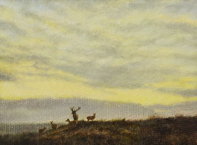 Rien Poortvliet | Herten in een heidelandschap, olieverf op doek, 60,0 x 80,0 cm, gesigneerd r.o.