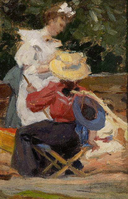 August van Voorden | Middag in de tuin, olieverf op papier op paneel, 20,3 x 13,5 cm, gesigneerd r.o.