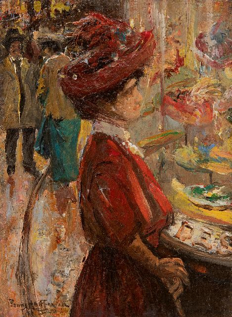 Frans Helfferrich | Elegante dame voor Haagse hoedenwinkel, olieverf op paneel, 16,0 x 11,8 cm, gesigneerd l.o.