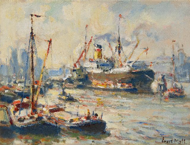 Evert Moll | Havengezicht met stoomschip en slepers, olieverf op doek, 19,4 x 25,2 cm, gesigneerd r.o.