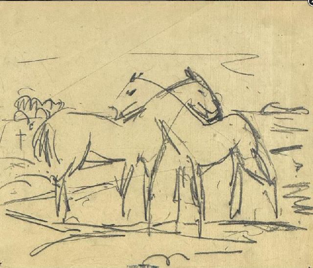 Jan Altink | Noppende paarden, krijt op papier, 30,4 x 36,0 cm, te dateren ca. 1925