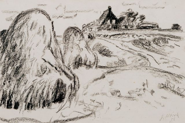 Jan Altink | Boerenerf met hooischelven, zwart krijt op papier, 31,9 x 48,4 cm, gesigneerd r.o. en gedateerd '56