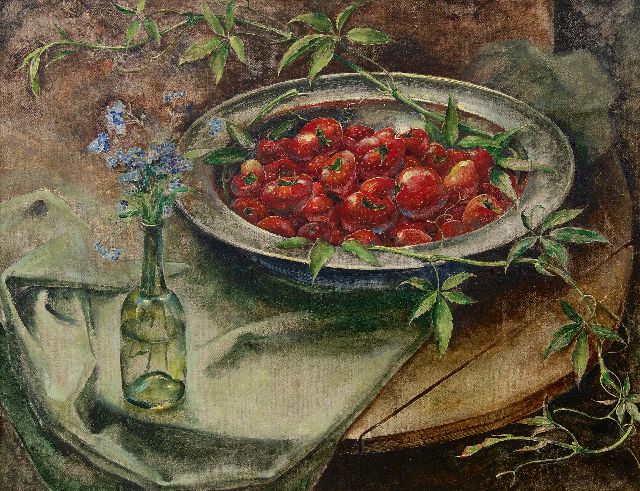 Dirk Kruizinga | Stilleven met aardbeien op tinnen schaal, olieverf op doek, 35,2 x 45,3 cm, gesigneerd r.o.