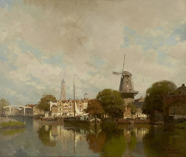Karel Klinkenberg | Stadsgezicht met de Delftse Groenmolen en toren van de Nieuwe Kerk, olieverf op doek, 39,5 x 47,4 cm, gesigneerd r.o.