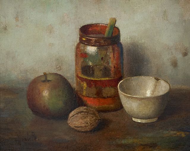 Henk Bos | Stilleven met appel en walnoot, olieverf op doek, 24,8 x 31,1 cm, gesigneerd l.o.