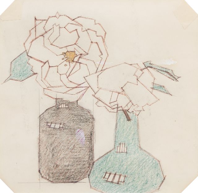 Valk H.J.  | Bloemen in vazen, gekleurd potlood op papier 22,5 x 23,0 cm
