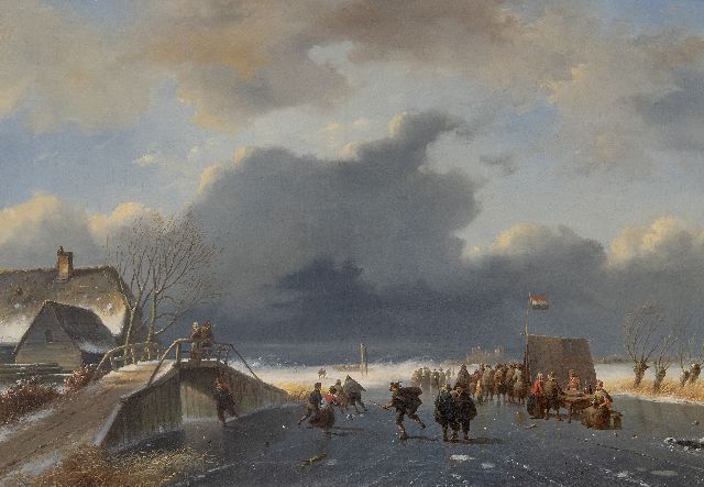 Nicolaas Johannes Roosenboom/Eugène Verboekhoven | IJspret bij opkomende sneeuwstorm (de figuren zijn van Eugène Verboeckhoven), olieverf op doek, 48,1 x 68,0 cm