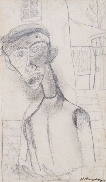 Kruyder H.J.  | Een man: 'hier koopt men', tekening op papier 18,0 x 11,0 cm, gesigneerd r.o. en gedateerd 1929 (niet te koop)