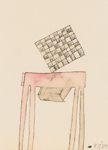Klaas Gubbels | Schaakbord op rood tafeltje, inkt en aquarel op papier, 13,6 x 10,0 cm, gesigneerd r.o met initialen en gedateerd '84