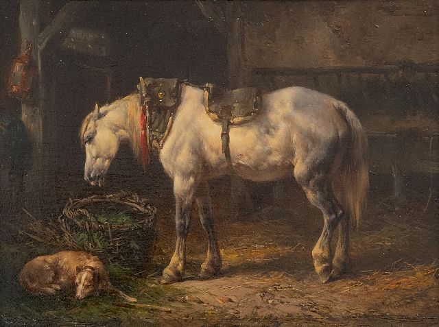 Wouterus Verschuur | Stalinterieur met paard en hond, olieverf op paneel, 12,6 x 17,4 cm, gesigneerd r.o.