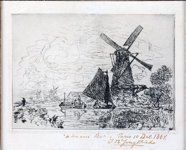 Johan Barthold Jongkind | Vaart bij Rotterdam met boten en een molen, ets op papier, 22,0 x 18,5 cm, gesigneerd r.o. in de plaat en met de hand op het blad en gedateerd 'Rotterdam' 1861 in de plaat