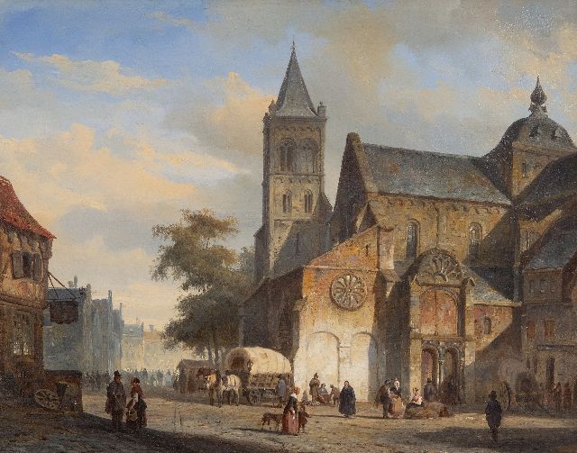 Springer C.  | Hollands stadsplein met kerk en huifkar, olieverf op doek 36,5 x 46,0 cm, gesigneerd l.o. met monogram en gedateerd '44