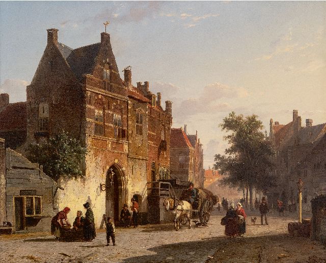 Cornelis Springer | Hollands stadsgezicht met marktplein, olieverf op paneel, 34,2 x 42,3 cm, gesigneerd r.o. en gedateerd '52
