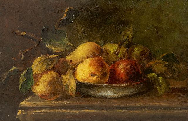 Margaretha Roosenboom | Peren in een schaal, olieverf op paneel, 177,0 x 27,1 cm, gesigneerd r.o.