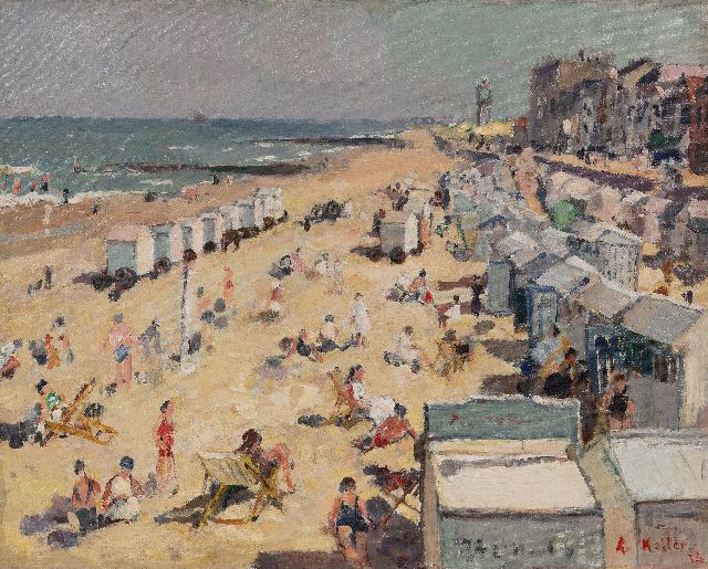 Keller A.  | Strandvermaak bij IJmuiden, olieverf op doek 40,2 x 50,3 cm, gesigneerd r.o. en gedateerd '34