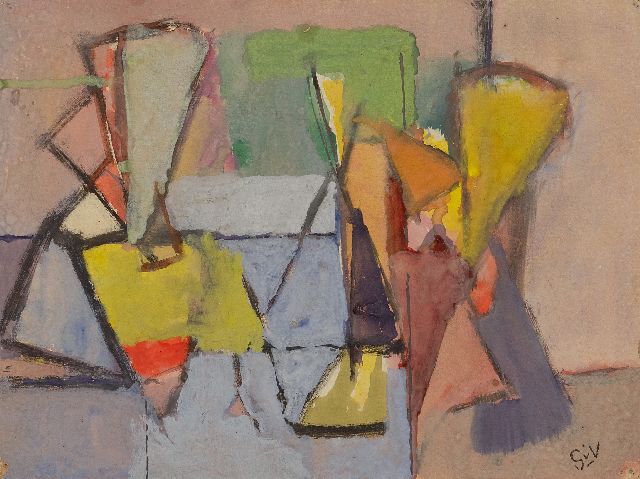 Geer van Velde | Personages autour d'une table (Figuren rond een tafel); verso: Stilleven bij raam, aquarel en gouache op papier, 23,8 x 31,7 cm, gesigneerd r.o. en te dateren ca. 1944
