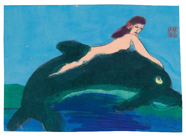 Walasse Ting | Dolfijn, viltstift en aquarel op papier, 11,7 x 16,3 cm, gesigneerd r.b. met stempel van de kunstenaar