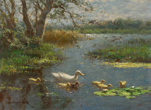 Constant Artz | Eendenfamilie in het water, olieverf op paneel, 18,2 x 24,1 cm, gesigneerd l.o.