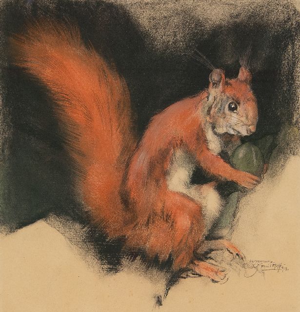 Adriaan van 't Hoff | Eekhoorntje, houtskool en pastel op papier, 28,2 x 27,2 cm, gesigneerd r.o. en gedateerd 1923
