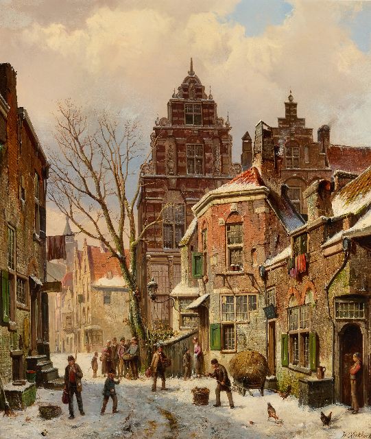 Willem Koekkoek | Drukbevolkt stadsgezicht in de sneeuw, olieverf op doek, 70,0 x 59,8 cm, gesigneerd r.o.