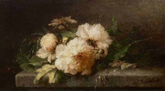 Margaretha Roosenboom | Pioenrozen op een stenen plint, olieverf op doek, 40,5 x 71,8 cm, gesigneerd r.o.