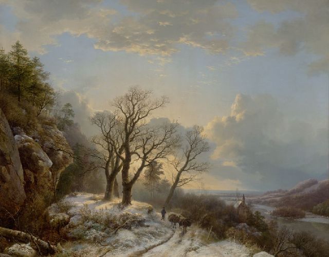 Barend Cornelis Koekkoek | Winterlandschap met herder en vee, olieverf op doek, 82,5 x 105,0 cm, gesigneerd l.o. en gedateerd 1834