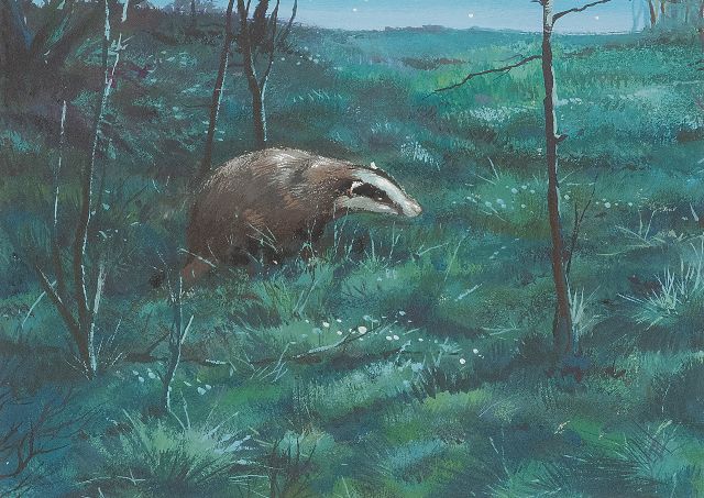 Rien Poortvliet | Een das op pad in de schemering, Hoge Veluwe, gouache op papier, 12,9 x 17,3 cm